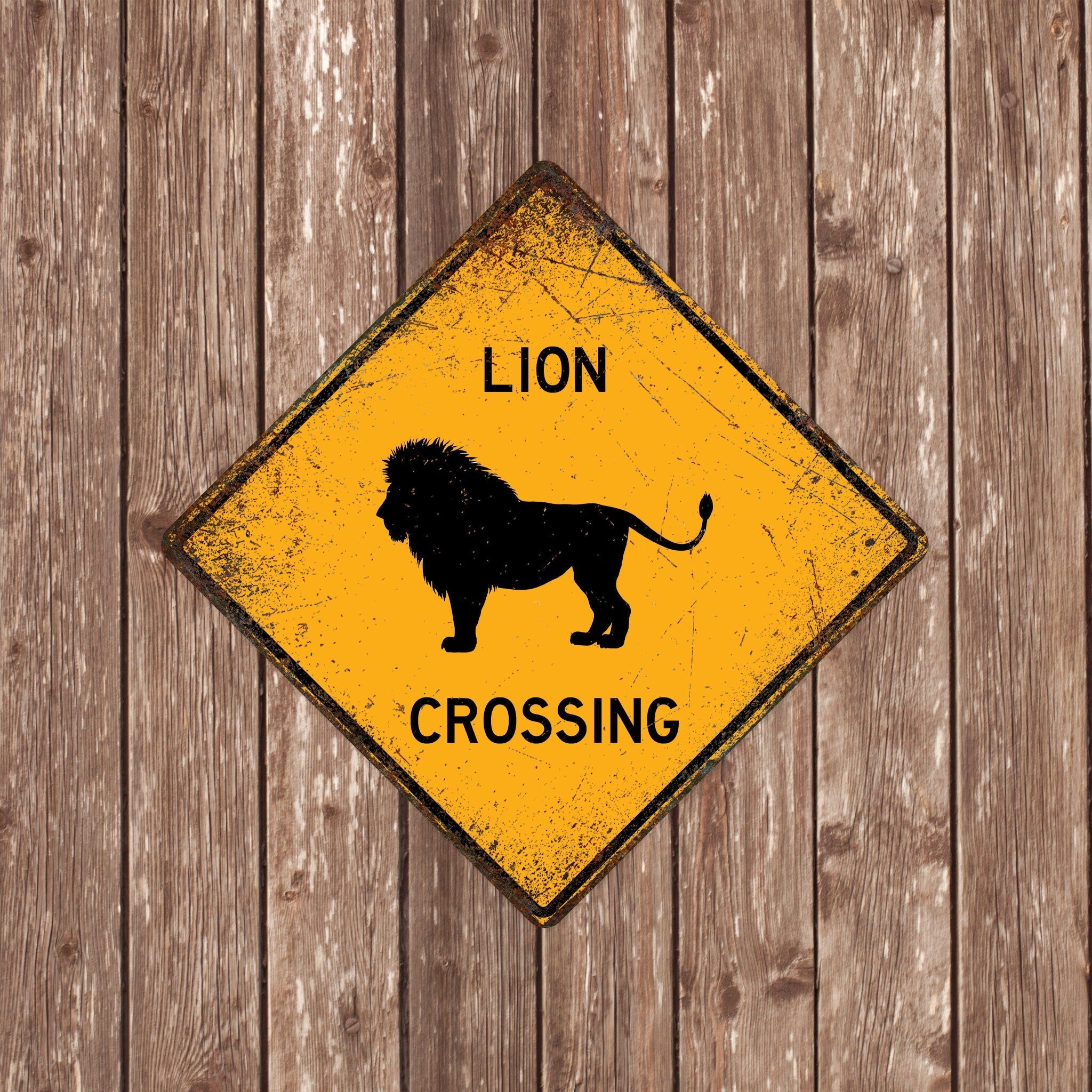 LION CROSSING SIGN - Lion Crossing Signs, Lions, Warning Lion Crossing, Lion Signs, Lion Decor, Lion Xing, Yellow Sign, Lions Crossing sign